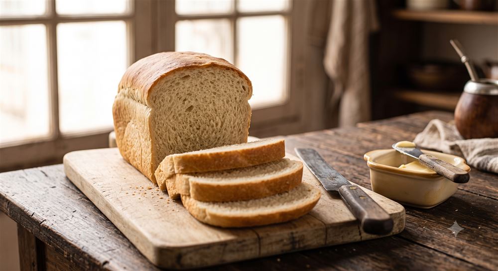 Pan de molde casero en rodajas con manteca para la merienda