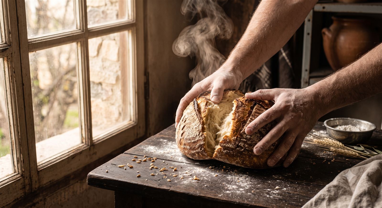 Manos partiendo un pan casero recién horneado, todavía humeante