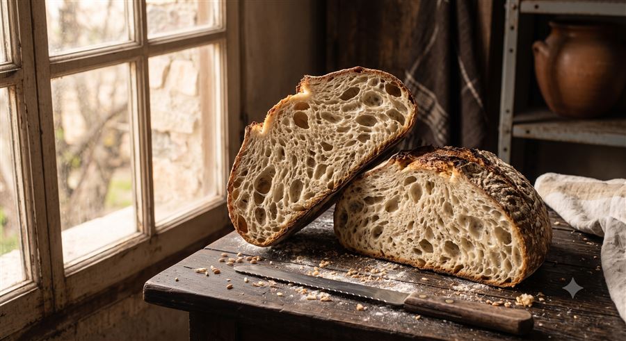 Pan de campo cortado mostrando la miga abierta