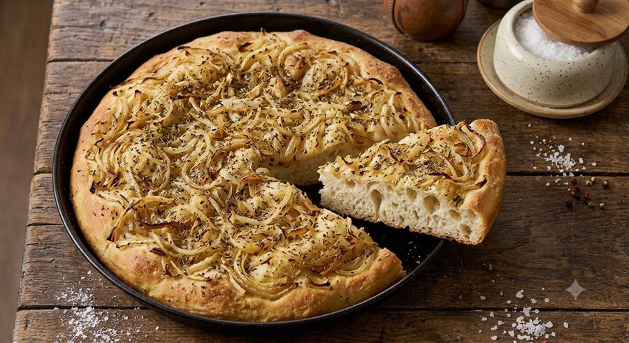 Focaccia de cebolla recién horneada